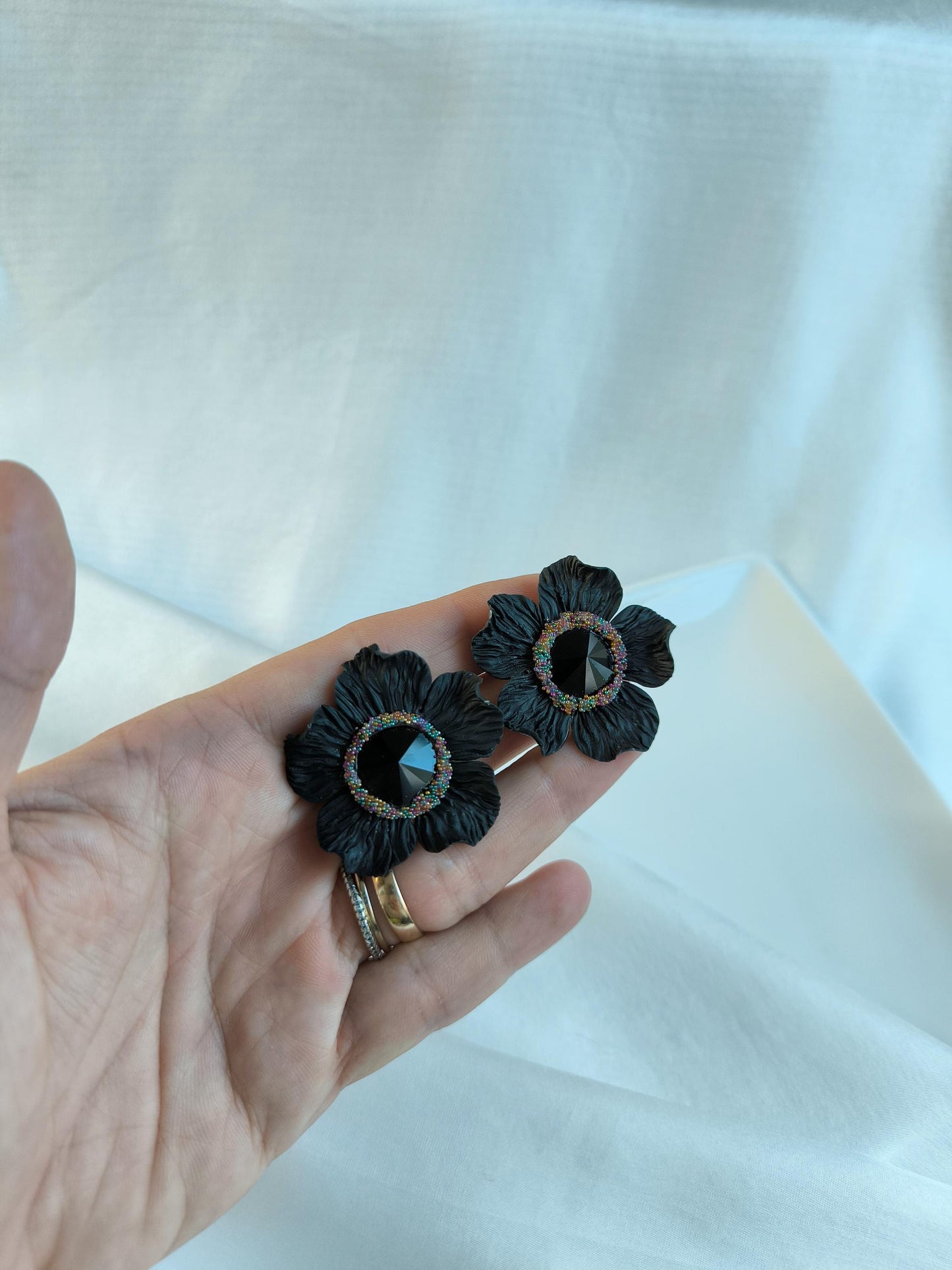 XL Black Statement Earrings; Party Earrings; Black Crystal Earrings; Porcelain Earrings; Floral Earrings; Gift for Her; Guest Earrings;