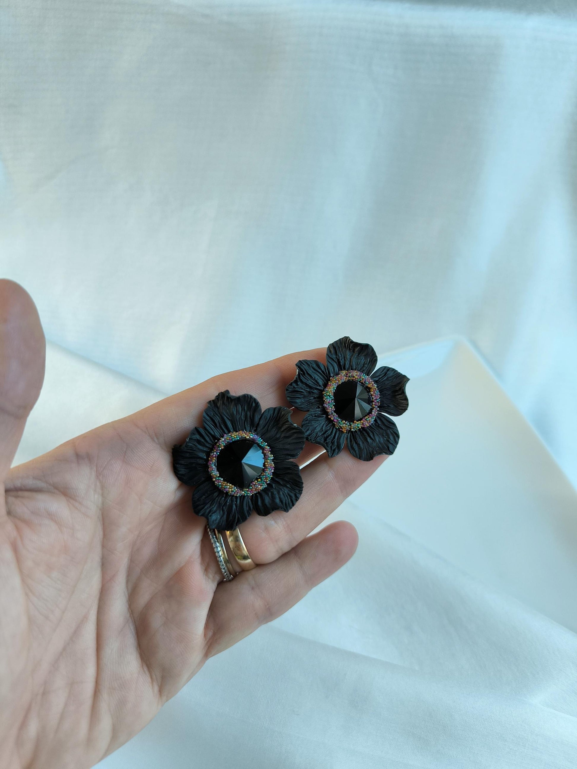 XL Black Statement Earrings; Party Earrings; Black Crystal Earrings; Porcelain Earrings; Floral Earrings; Gift for Her; Guest Earrings;