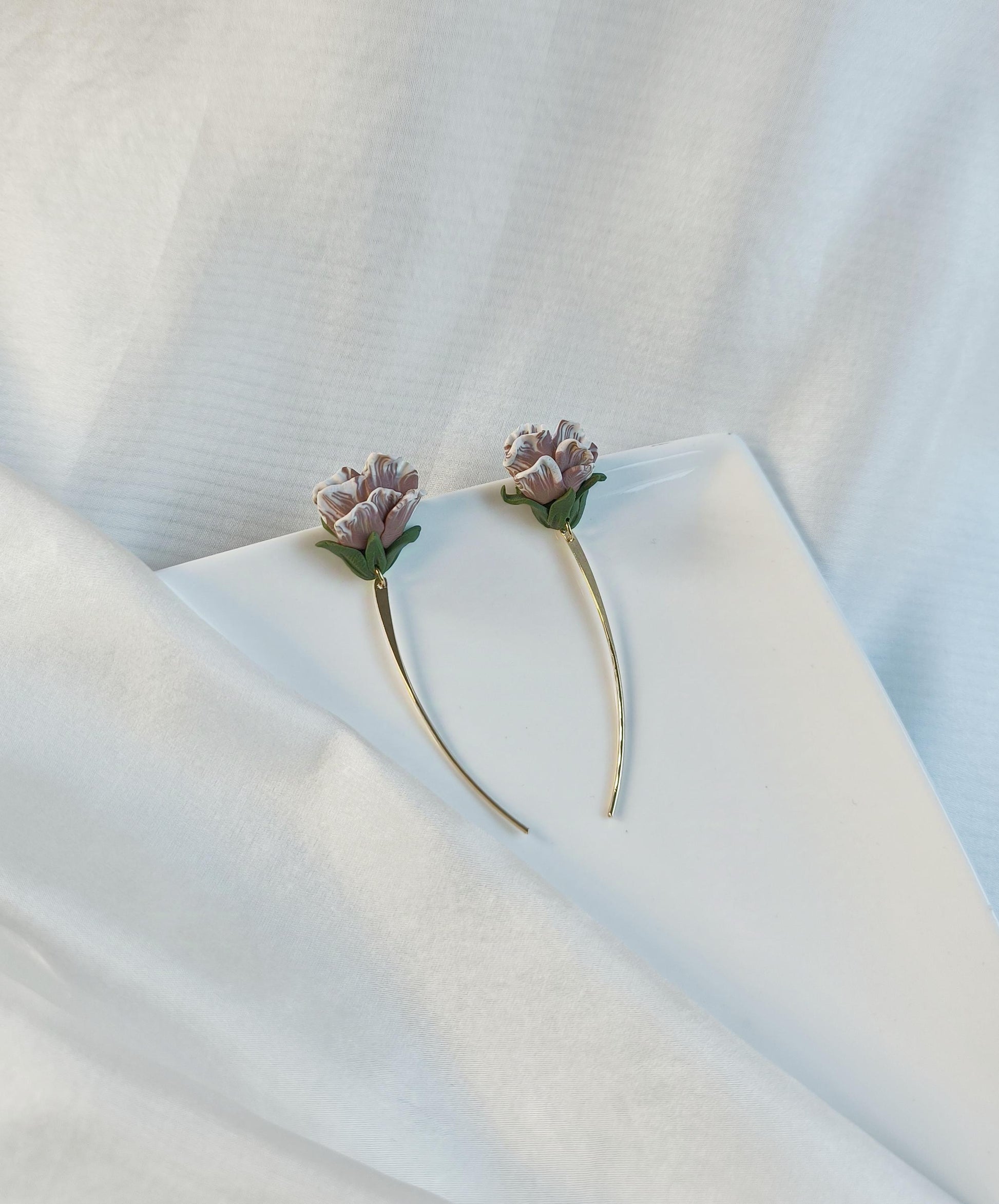 Floral Statement Earrings; Party Earrings; Gold and Pink Earrings; Porcelain Earrings; Original Earrings; Gift for her; Long Earrings;