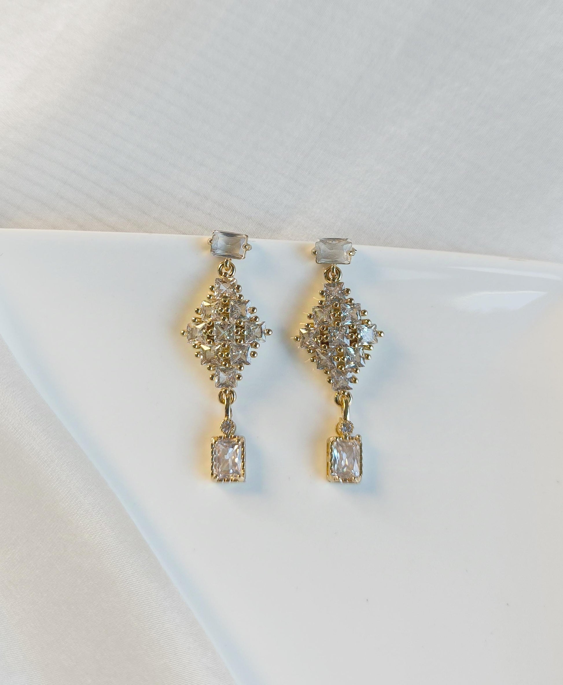 Gold & Crystal Bridal Statement Earrings; Wedding Earrings; Geometric Earrings; Dangle Earrings; Gift for Bride; Party Earrings