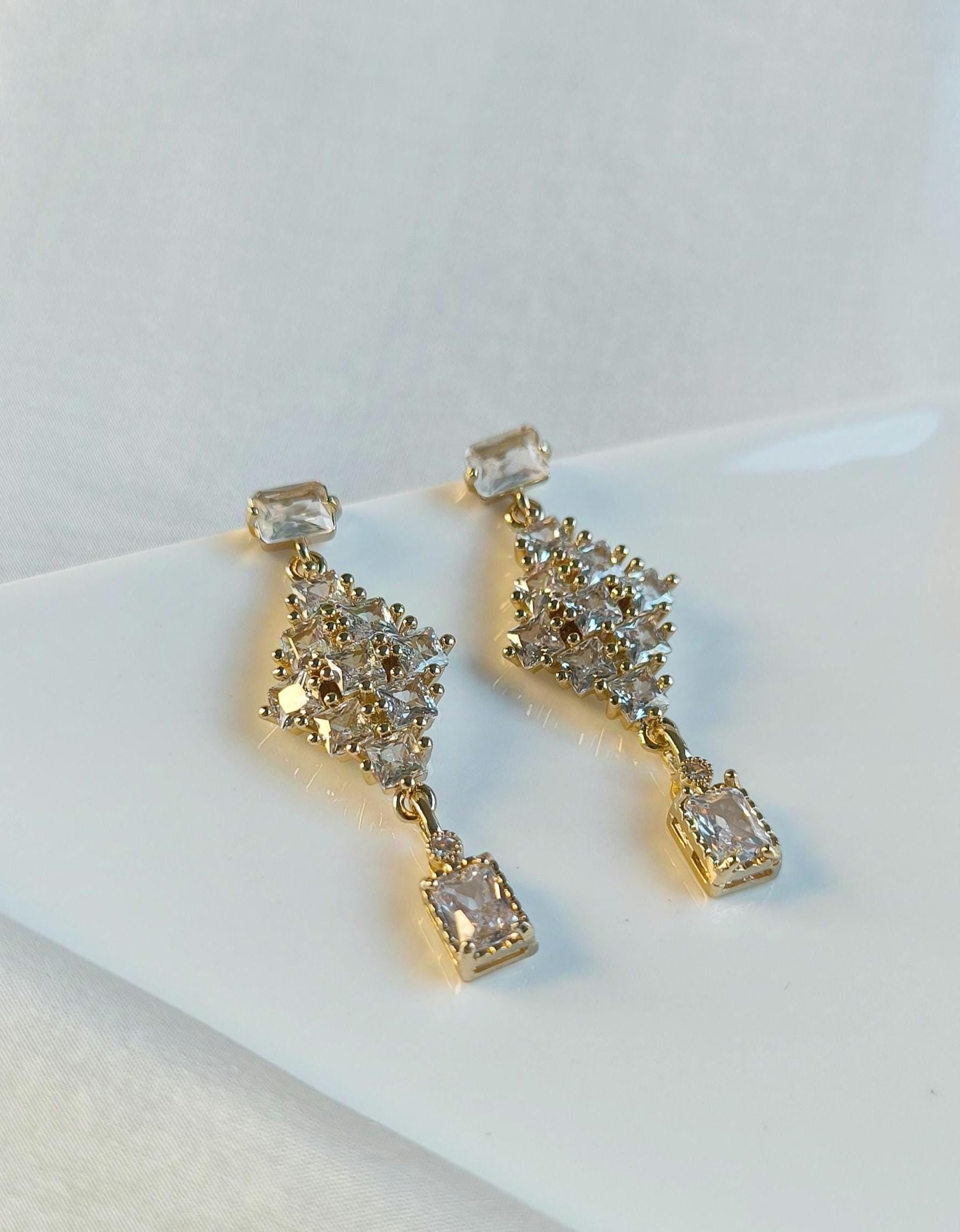Gold & Crystal Bridal Statement Earrings; Wedding Earrings; Geometric Earrings; Dangle Earrings; Gift for Bride; Party Earrings