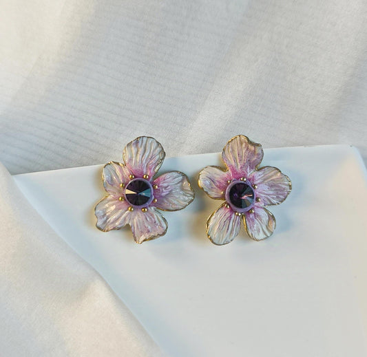 White & Purple Flower Earrings; Party Earrings; Purple Crystal Earrings; Porcelain Earrings; Floral Earrings; Gift for Her; Guest Earrings;
