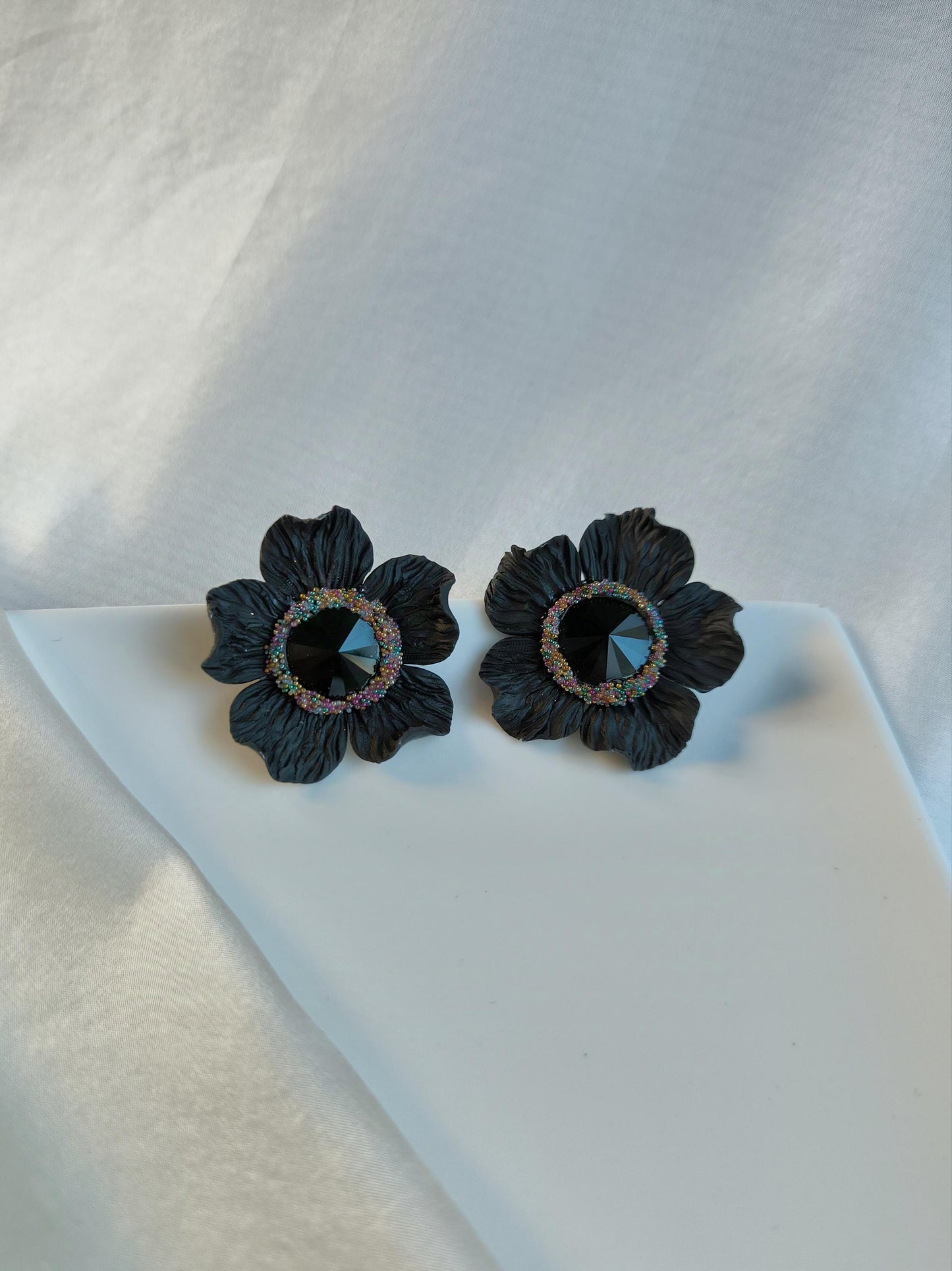 XL Black Statement Earrings; Party Earrings; Black Crystal Earrings; Porcelain Earrings; Floral Earrings; Gift for Her; Guest Earrings;