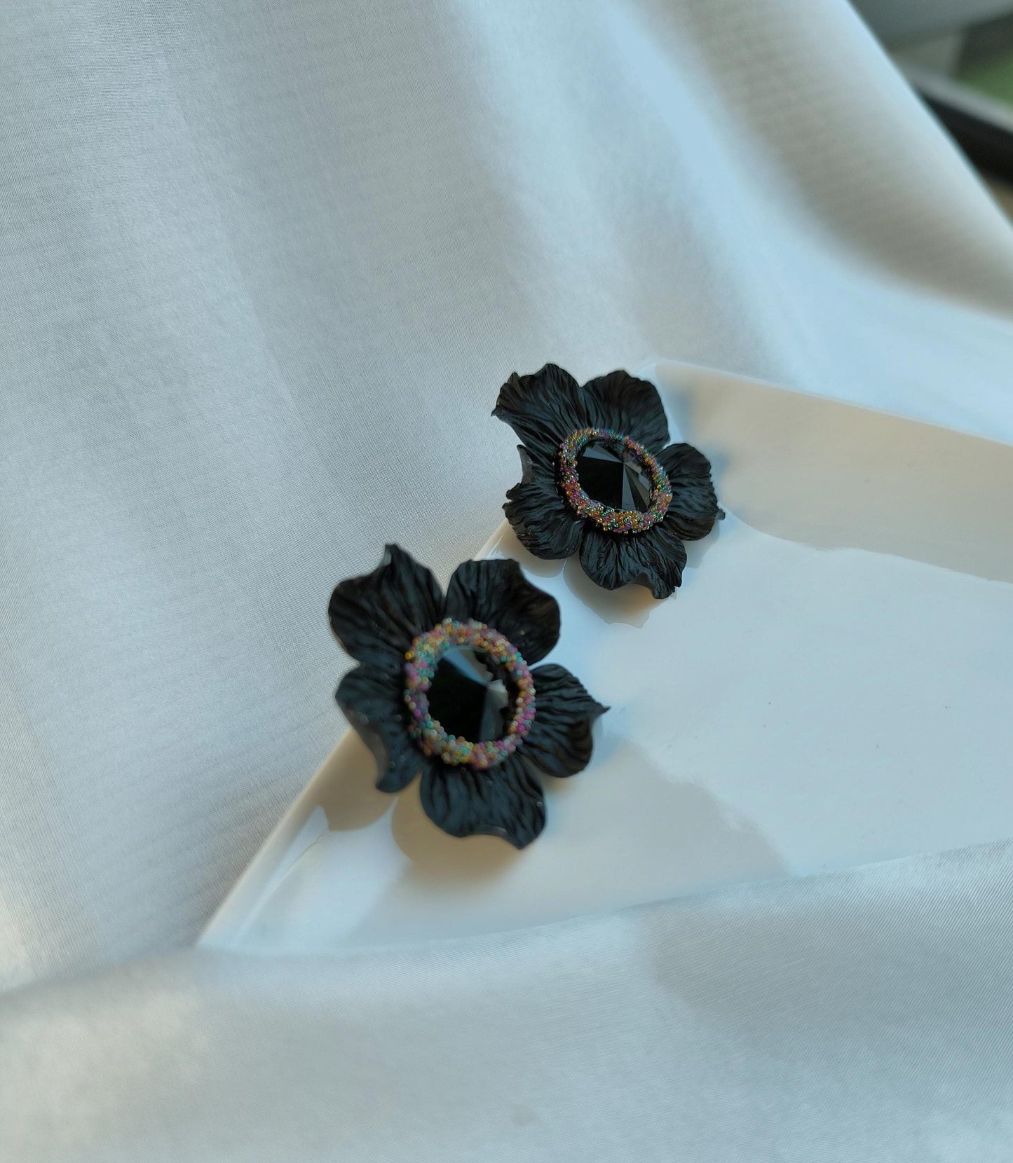 XL Black Statement Earrings; Party Earrings; Black Crystal Earrings; Porcelain Earrings; Floral Earrings; Gift for Her; Guest Earrings;