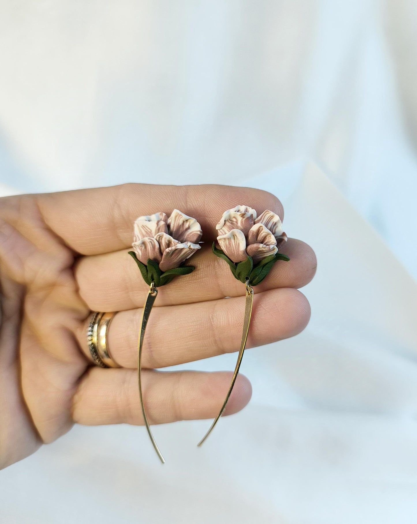 Floral Statement Earrings; Party Earrings; Gold and Pink Earrings; Porcelain Earrings; Original Earrings; Gift for her; Long Earrings;
