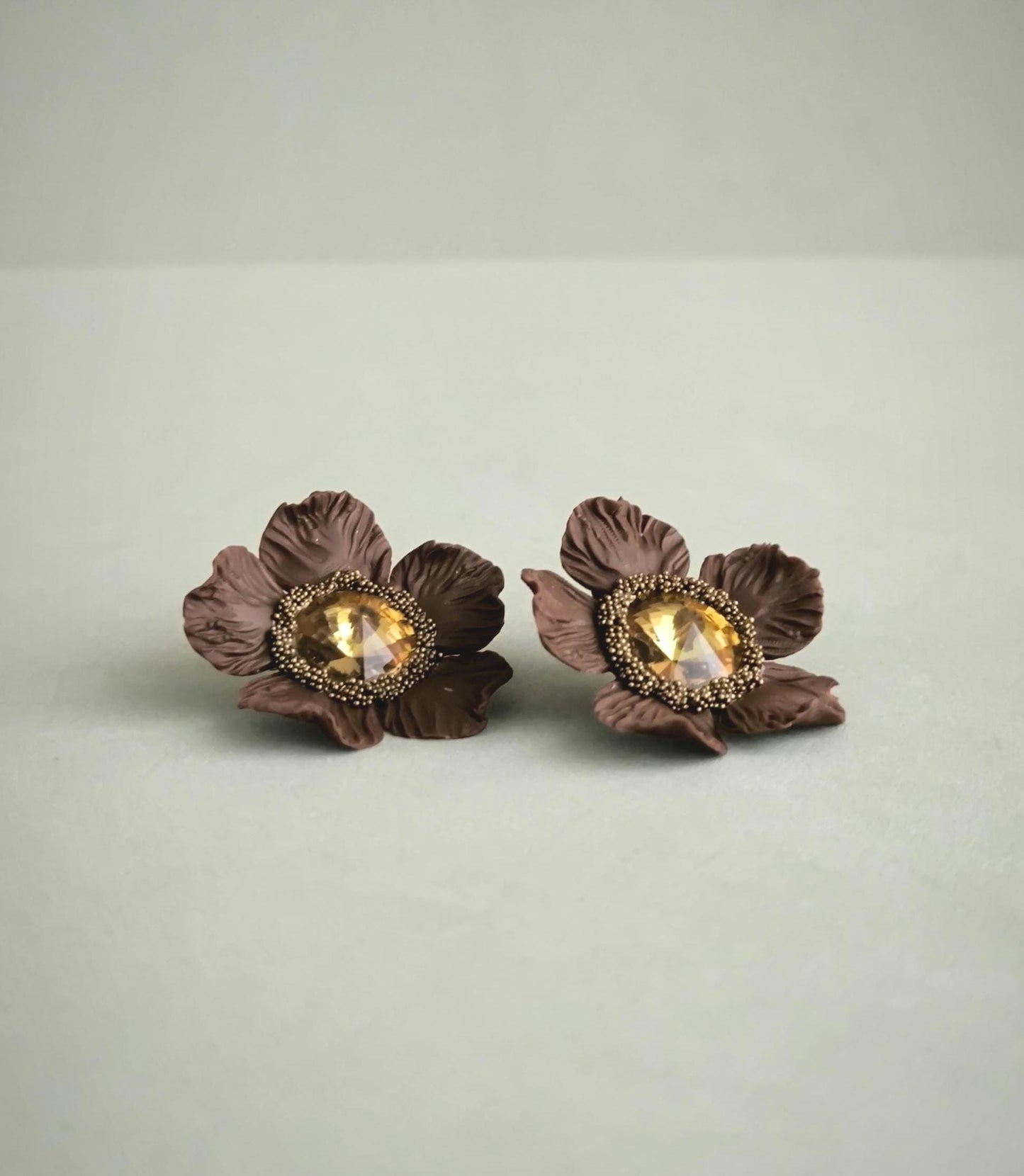 Brown & Gold XL Stud Earrings; Floral Earrings; Party/Evening Jewellery; Handmade Porcelain Earrings; Gift for Her; Wedding Season;Xmas gift