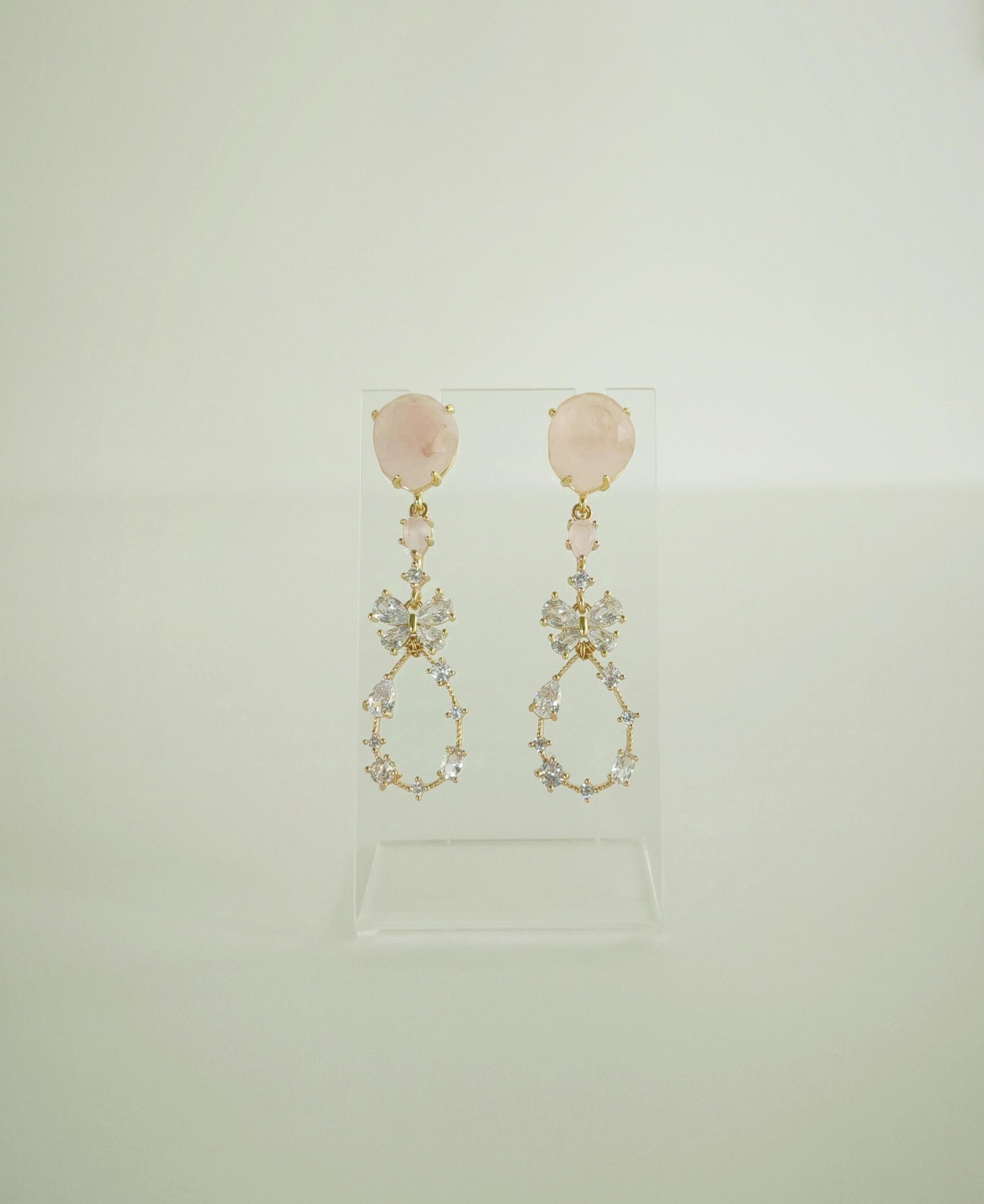 Luxury Pastel Pink Statement Earrings; Long Crystal & Natural Stone Earrings; Party/Evening Earrings; Gift for her; Wedding Guest Earrings