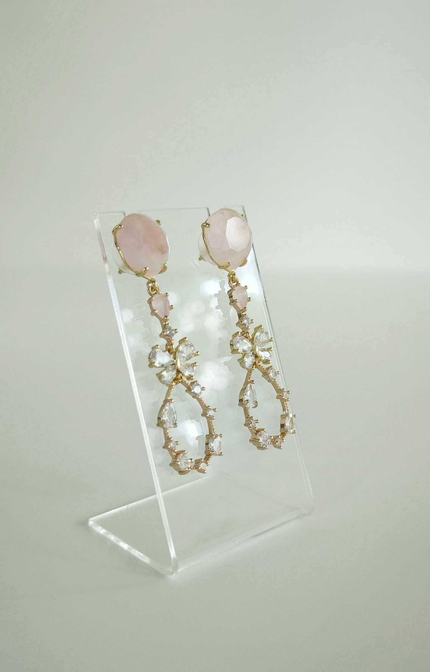Luxury Pastel Pink Statement Earrings; Long Crystal & Natural Stone Earrings; Party/Evening Earrings; Gift for her; Wedding Guest Earrings