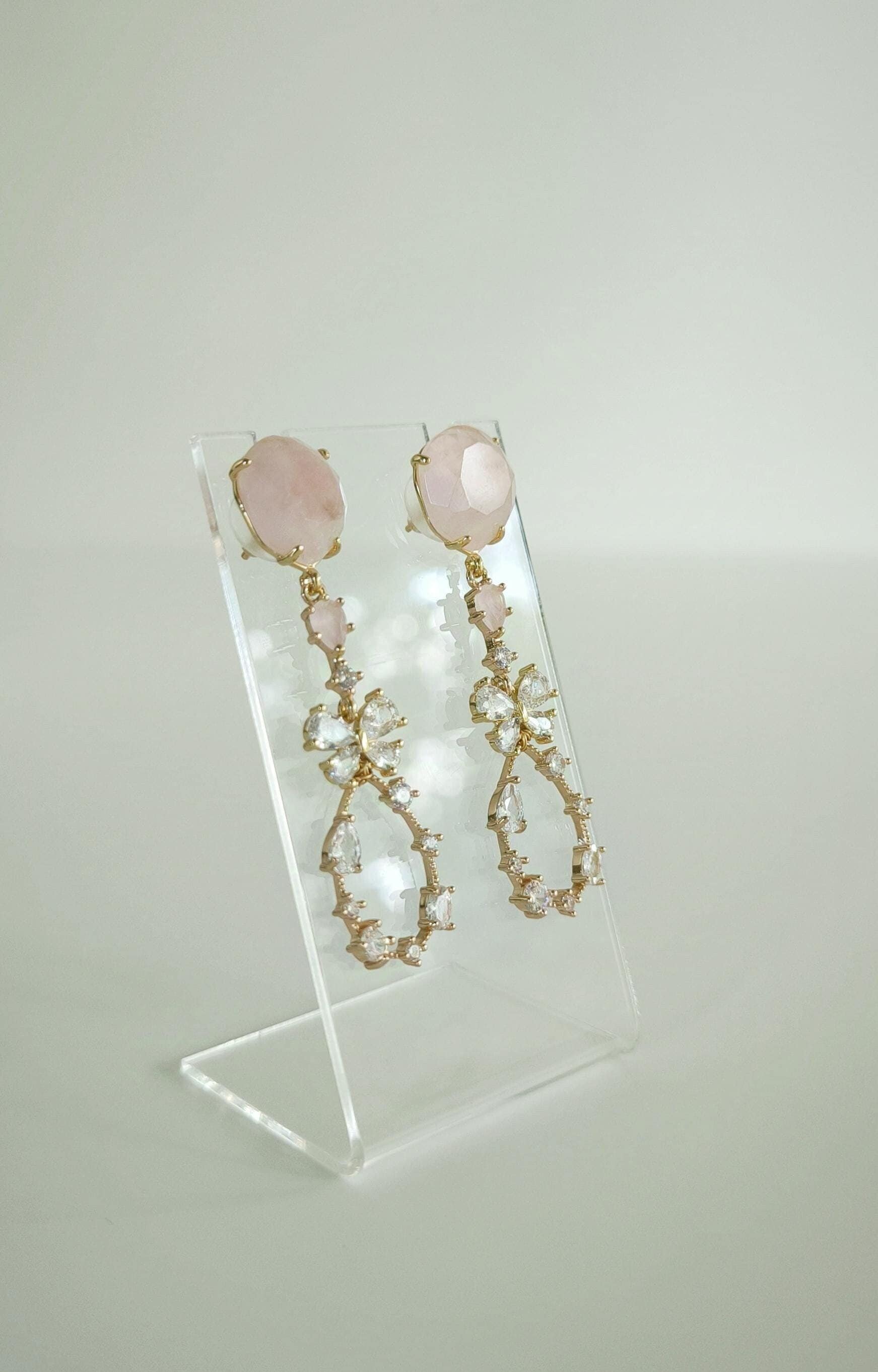Luxury Pastel Pink Statement Earrings; Long Crystal & Natural Stone Earrings; Party/Evening Earrings; Gift for her; Wedding Guest Earrings