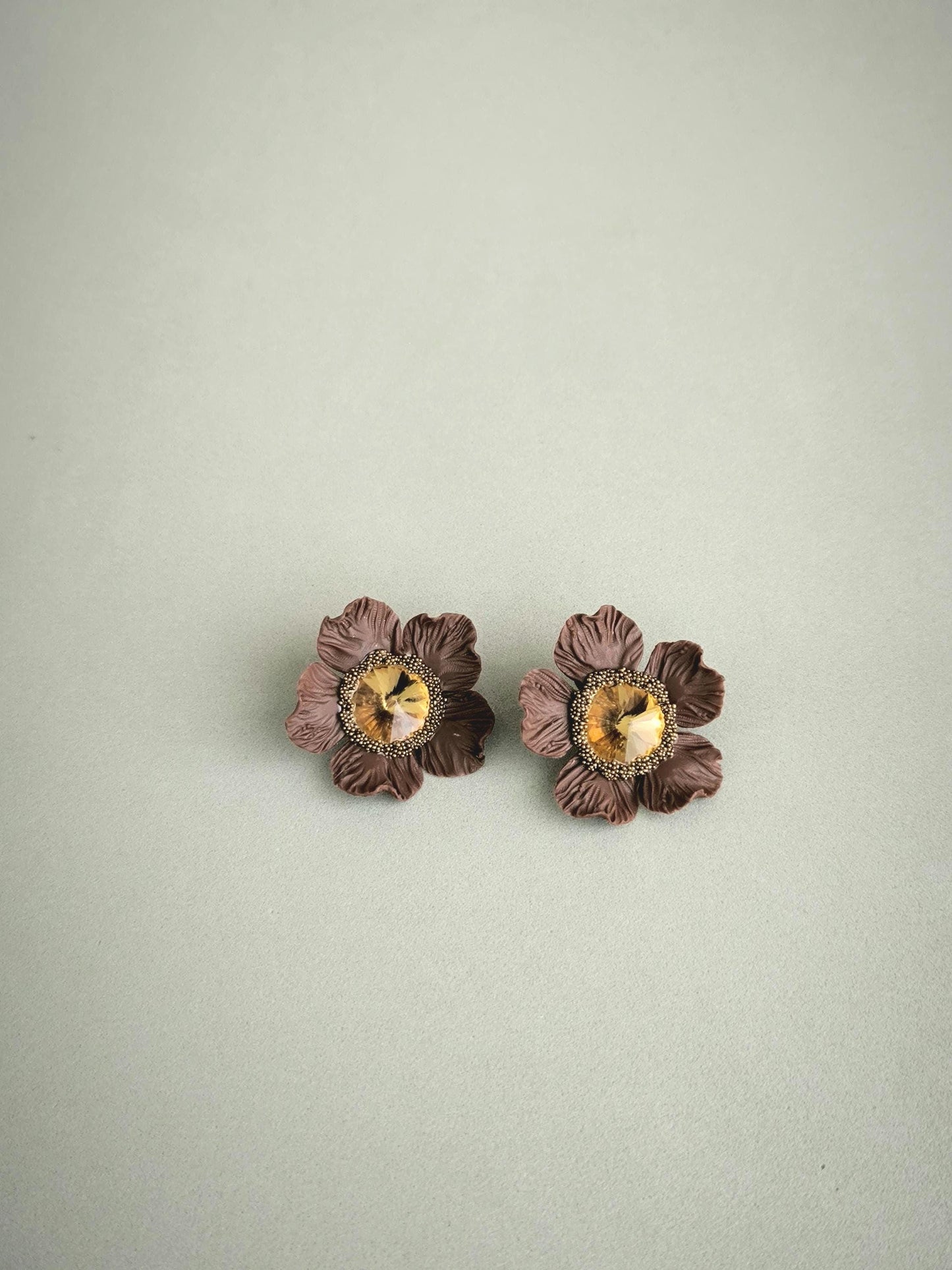 Brown & Gold XL Stud Earrings; Floral Earrings; Party/Evening Jewellery; Handmade Porcelain Earrings; Gift for Her; Wedding Season;Xmas gift