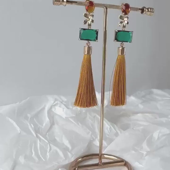 Tassel Statement Earrings; Dangle Earrings; Crystal Earrings; Gold Earrings; Party Earrings; Mustard and Green Earrings; Gift for her
