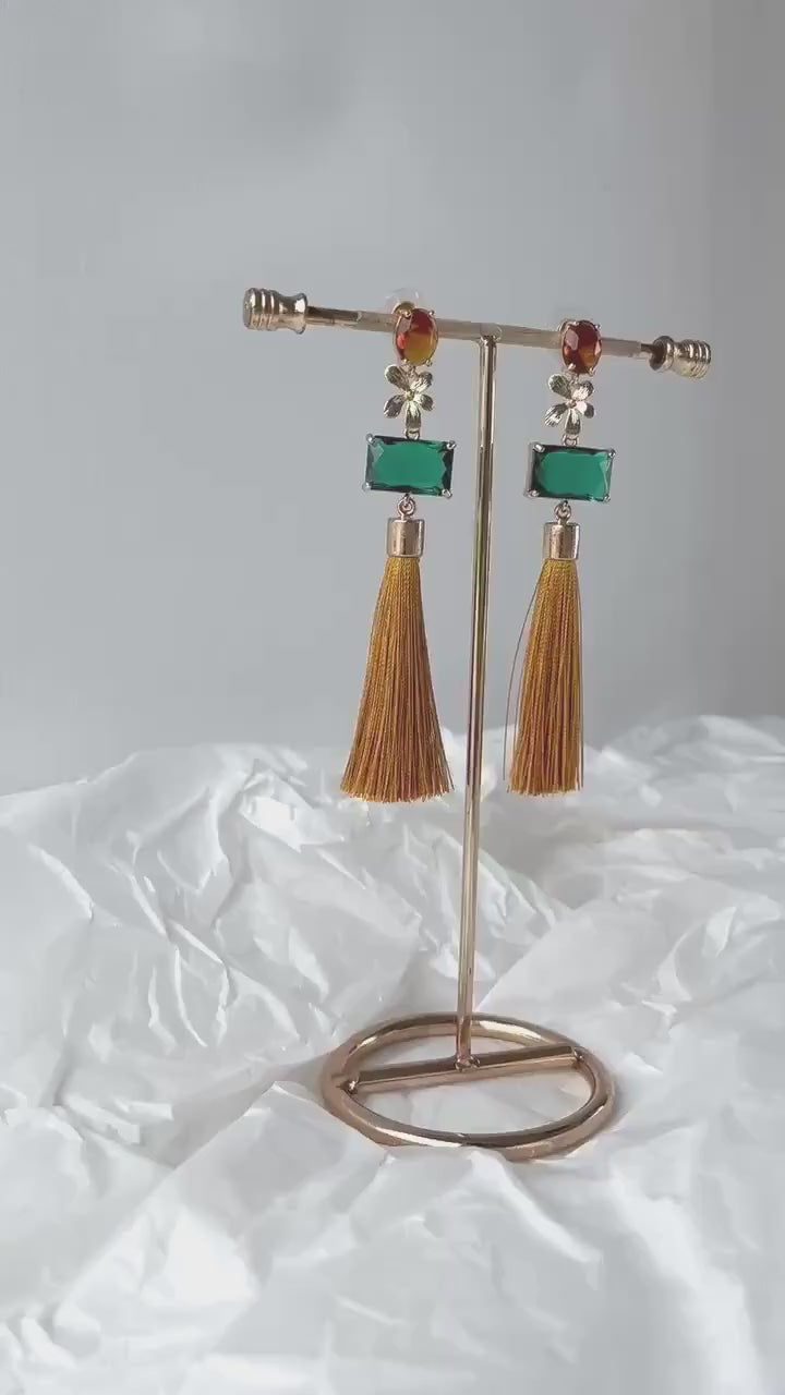 Tassel Statement Earrings; Dangle Earrings; Crystal Earrings; Gold Earrings; Party Earrings; Mustard and Green Earrings; Gift for her