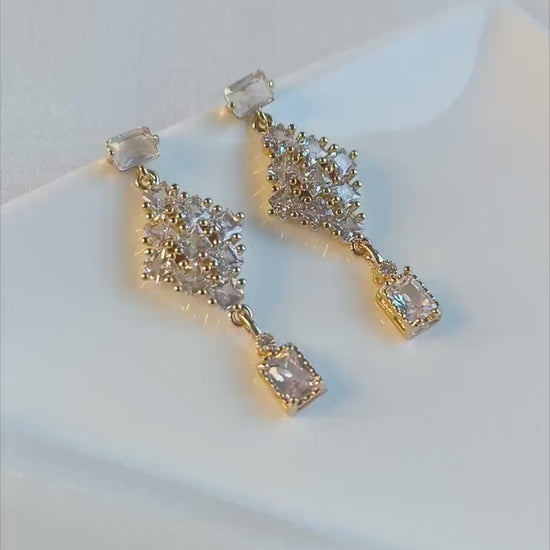 Gold & Crystal Bridal Statement Earrings; Wedding Earrings; Geometric Earrings; Dangle Earrings; Gift for Bride; Party Earrings