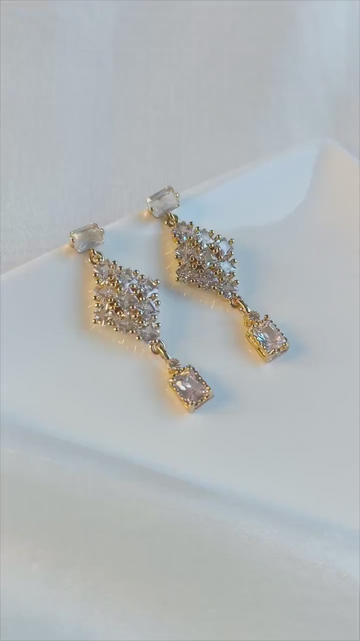 Gold & Crystal Bridal Statement Earrings; Wedding Earrings; Geometric Earrings; Dangle Earrings; Gift for Bride; Party Earrings