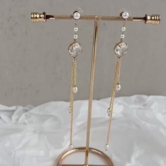 Gold Chain Bridal Statement Earrings; Dangle Earrings; Natural Pearls Earrings; Crystal Earrings; Wedding jewellery; Gift for Bride