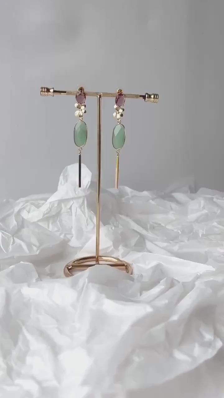 Coloured Statement Dangle Earrings; Gold Earrings; Natural Stone Earrings; Party Earrings; Gift for her; Wedding Guest Earrings;