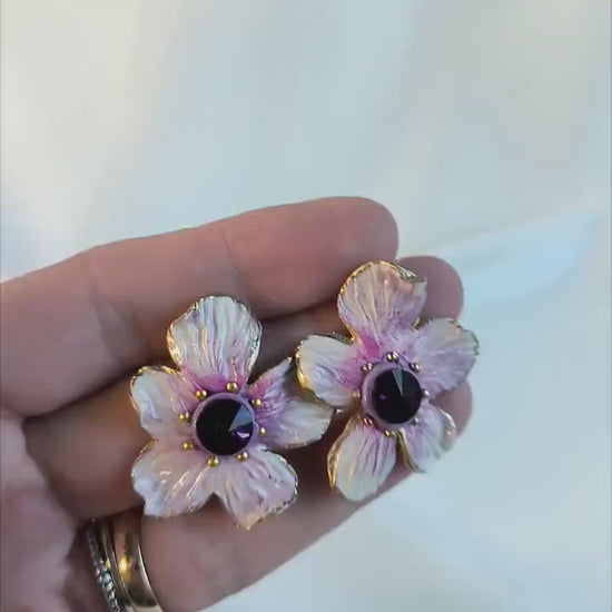 White & Purple Flower Earrings; Party Earrings; Purple Crystal Earrings; Porcelain Earrings; Floral Earrings; Gift for Her; Guest Earrings;