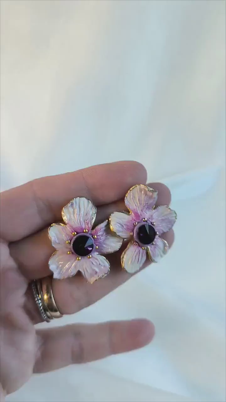 White & Purple Flower Earrings; Party Earrings; Purple Crystal Earrings; Porcelain Earrings; Floral Earrings; Gift for Her; Guest Earrings;