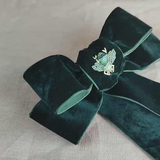 Black Velvet Hair Bow; Hair Acessory; Bee Hair Acessory; Cubic Zirconia stones Hair Clip; Hair Bow Clip; Double Bow; Gift for Her