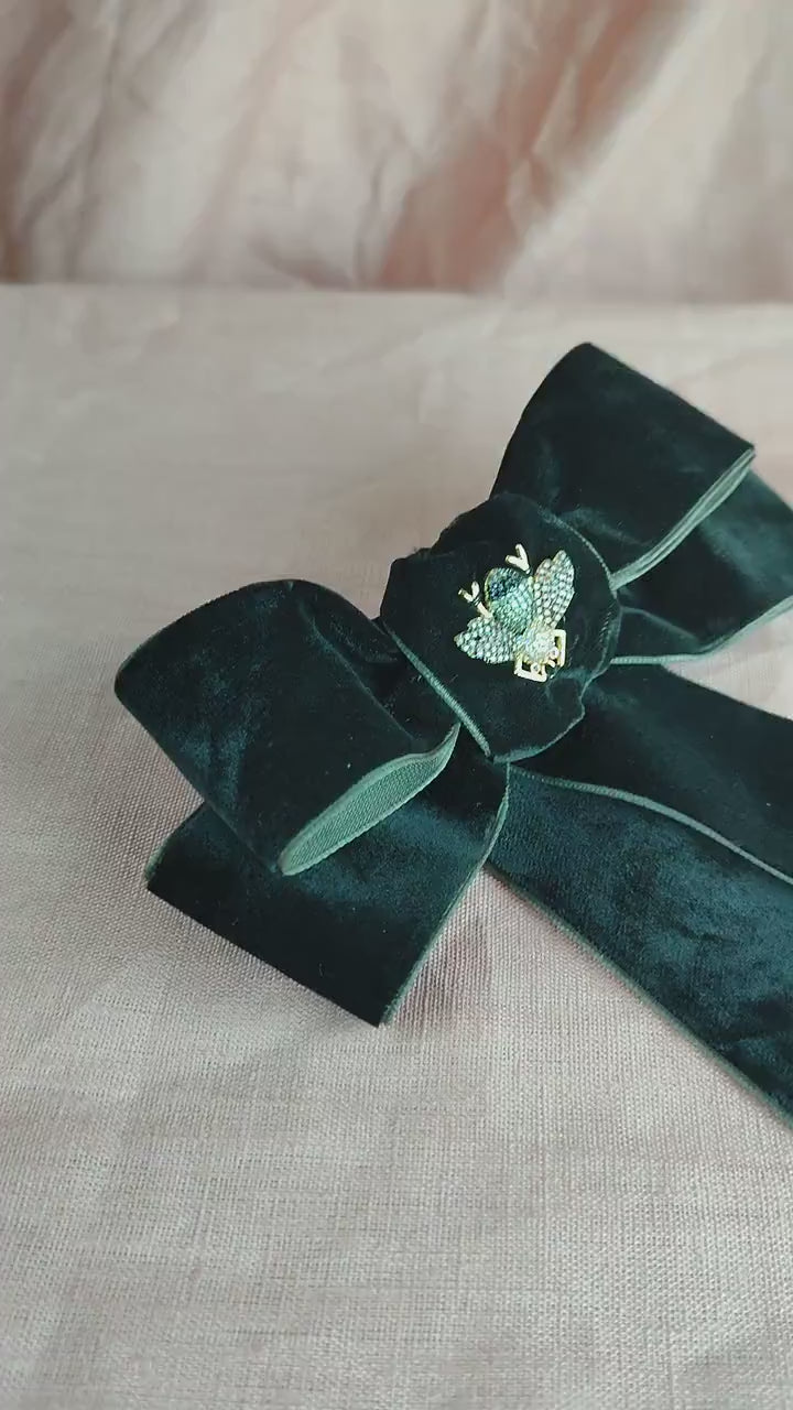 Black Velvet Hair Bow; Hair Acessory; Bee Hair Acessory; Cubic Zirconia stones Hair Clip; Hair Bow Clip; Double Bow; Gift for Her