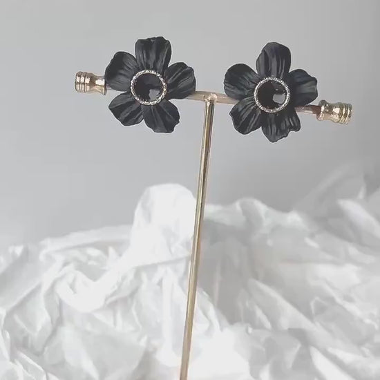 Black Statement Earrings; Party Earrings; Gold and Black Earrings; Porcelain Earrings; Floral Earrings; Gift for her; Large Earrings;