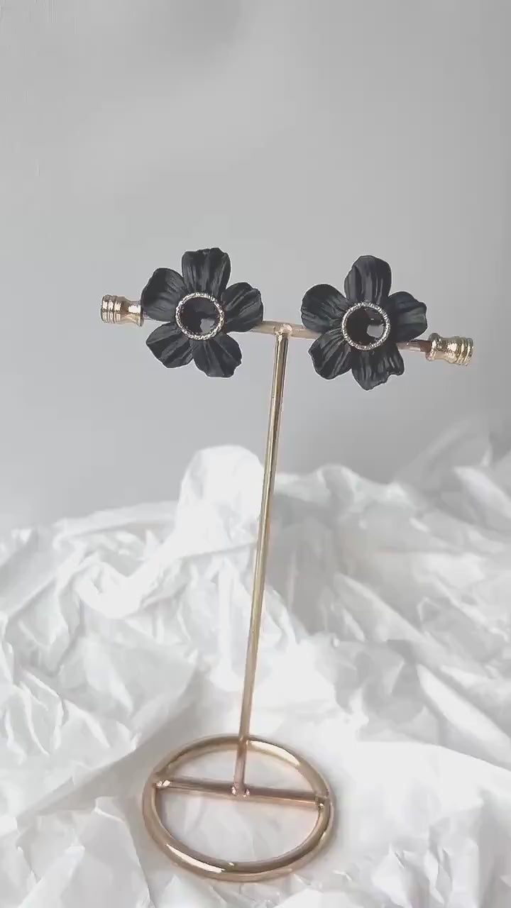 Black Statement Earrings; Party Earrings; Gold and Black Earrings; Porcelain Earrings; Floral Earrings; Gift for her; Large Earrings;