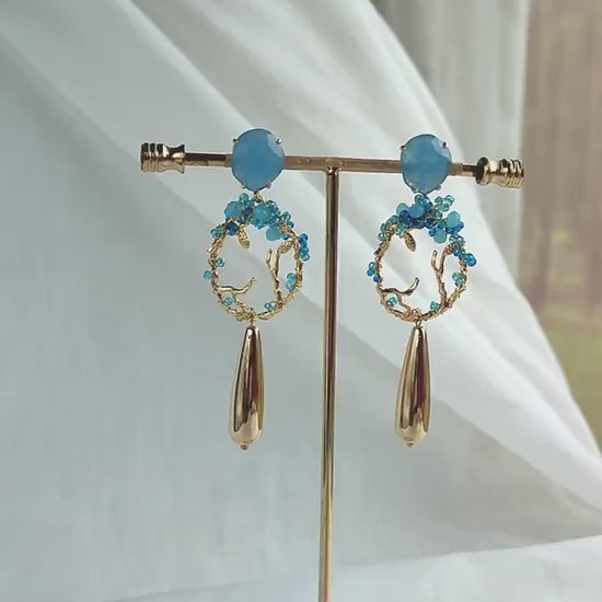 Light Blue Statement Dangle Earrings; Party Earrings; Gold and Blue Stone Earrings; Beads Earrings; Gift for her; Wedding Guest Earrings;