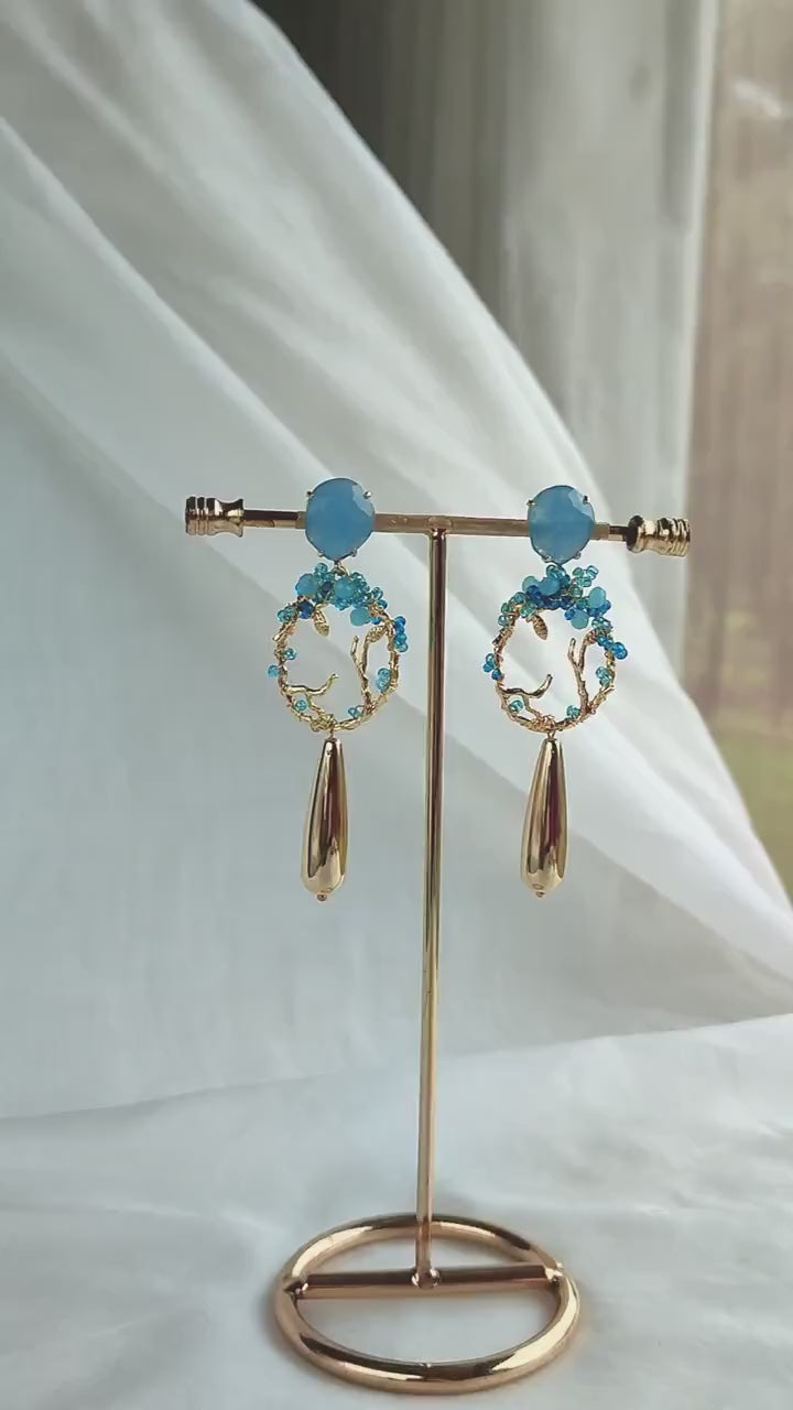 Light Blue Statement Dangle Earrings; Party Earrings; Gold and Blue Stone Earrings; Beads Earrings; Gift for her; Wedding Guest Earrings;