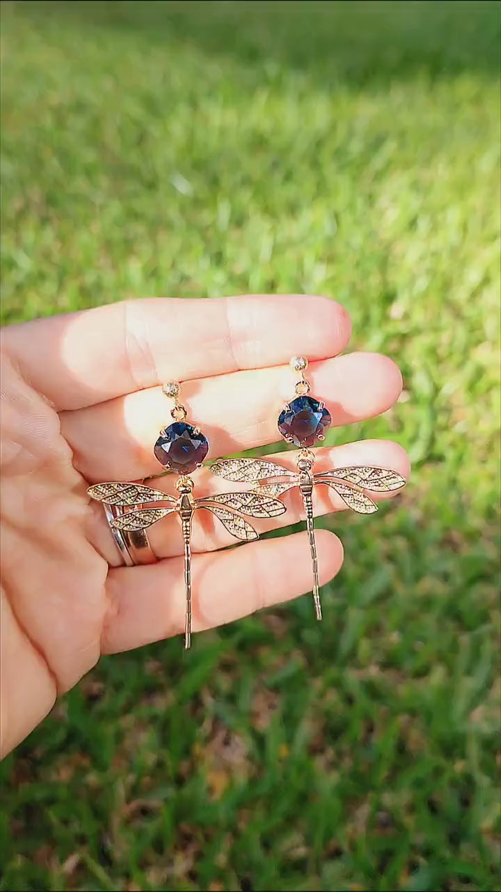 Statement Dangle Earrings; Party Earrings; Gold and Blue Stone Earrings; Dragonfly Earrings; Gift for her; Party and Wedding Guest Earrings;