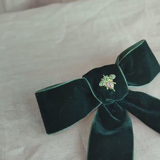 Black Velvet Hair Bow; Hair Acessory; Bee Hair Acessory; Cubic Zirconia stones Hair Clip; Hair Bow Clip; Short Tail Bow; Gift for Her
