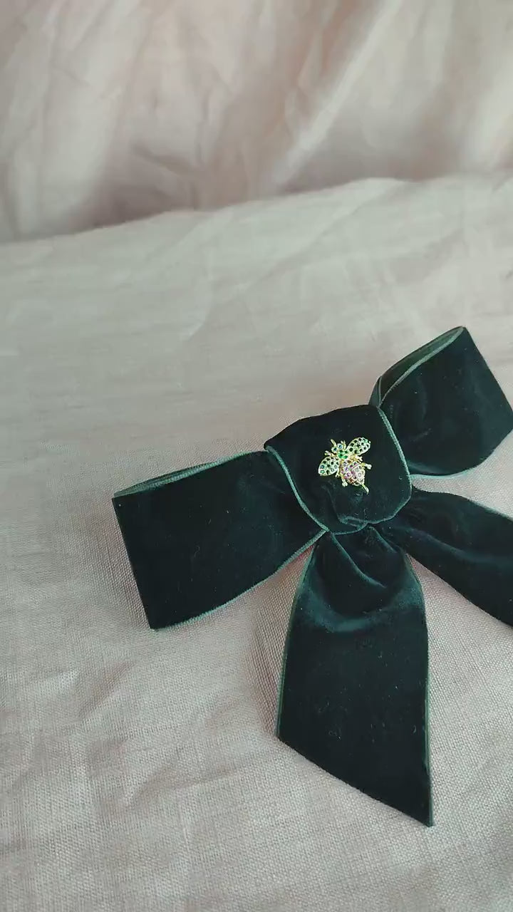 Black Velvet Hair Bow; Hair Acessory; Bee Hair Acessory; Cubic Zirconia stones Hair Clip; Hair Bow Clip; Short Tail Bow; Gift for Her