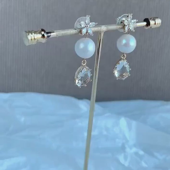 Natural Freshwater Pearls Bridal Earrings; Dangle Earrings; Crystal Earrings; Statement Earrings; Wedding jewellery; Floral Earrings;