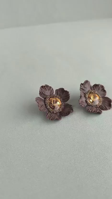 Brown & Gold XL Stud Earrings; Floral Earrings; Party/Evening Jewellery; Handmade Porcelain Earrings; Gift for Her; Wedding Season;Xmas gift