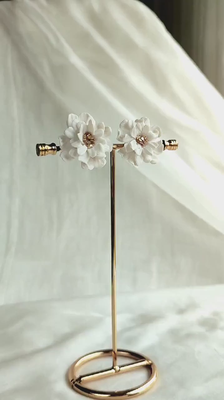 Bridal Floral Earrings; Large white Flower Earrings; Wedding Jewellery; Large Drop earrings; White and Gold Earrings; Gift for Bride