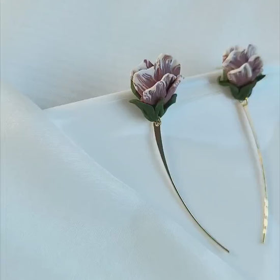 Floral Statement Earrings; Party Earrings; Gold and Pink Earrings; Porcelain Earrings; Original Earrings; Gift for her; Long Earrings;