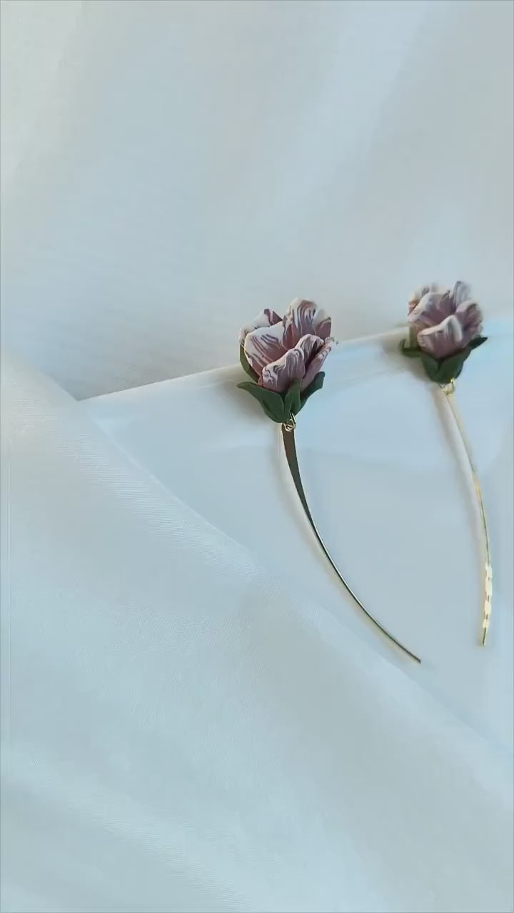 Floral Statement Earrings; Party Earrings; Gold and Pink Earrings; Porcelain Earrings; Original Earrings; Gift for her; Long Earrings;