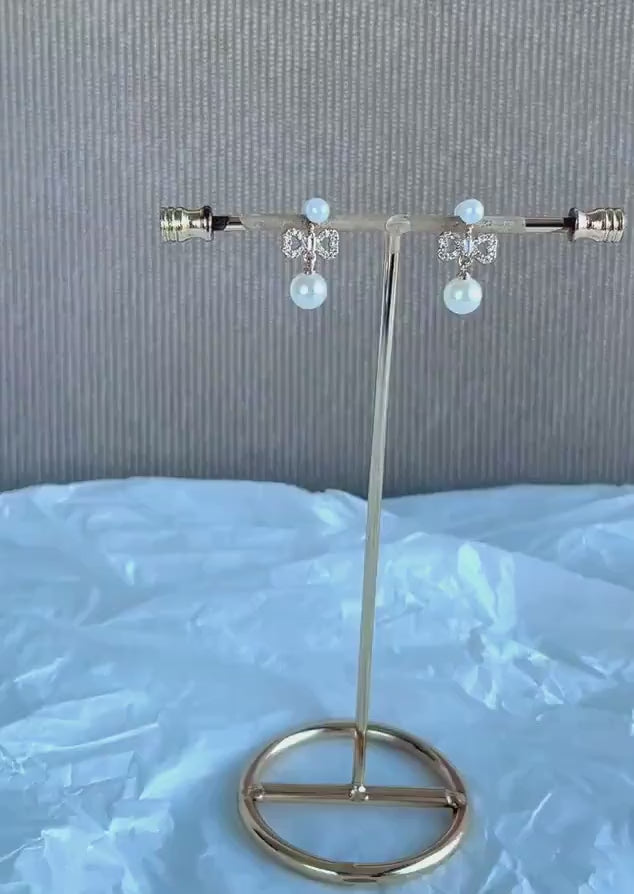 Golden Bow Bridal Drop Earrings; Pearl Earrings; Wedding Earrings; Bridal Studs; Bow Earrings; Zirconia Earrings;Gift for Bride;Gift for Her