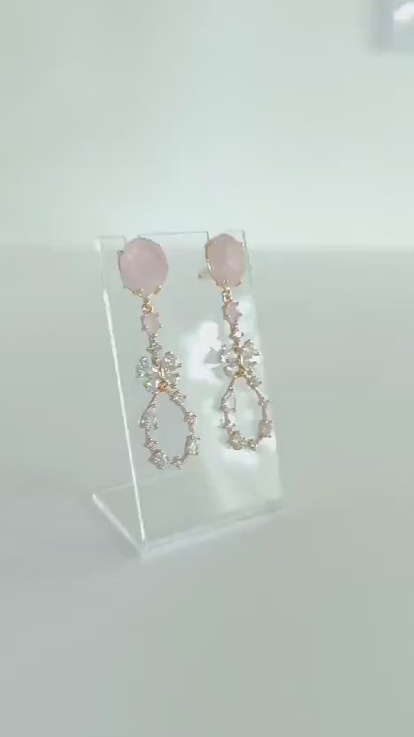 Luxury Pastel Pink Statement Earrings; Long Crystal & Natural Stone Earrings; Party/Evening Earrings; Gift for her; Wedding Guest Earrings