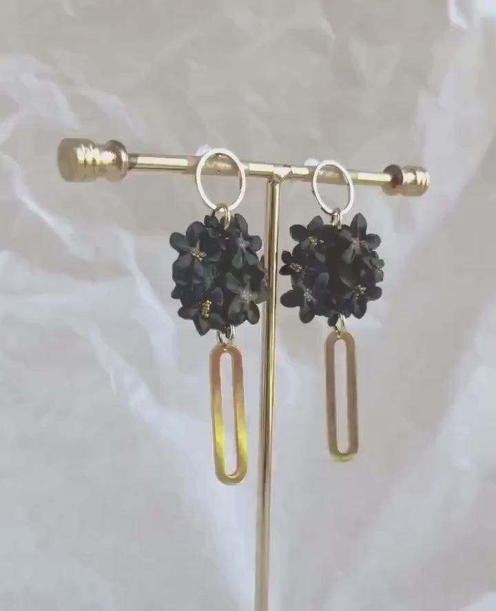 Black Statement Dangle Earrings; Party Earrings; Gold and Black Earrings; Clay Earrings; Floral Earrings; Gift for her; Long Earrings;