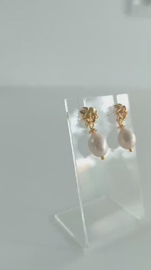 Bridal Gold & Natural Pearl Earrings; Gold Floral Earrings; Wedding Season Jewellery; Bridal Jewellery; Bridal Studs; Gift for Bride;