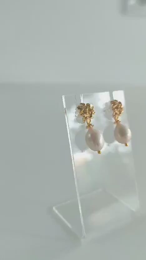 Bridal Gold & Natural Pearl Earrings; Gold Floral Earrings; Wedding Season Jewellery; Bridal Jewellery; Bridal Studs; Gift for Bride;