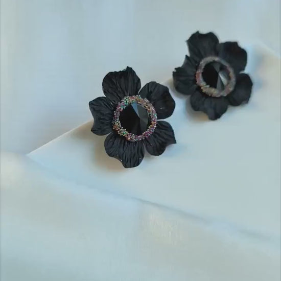 XL Black Statement Earrings; Party Earrings; Black Crystal Earrings; Porcelain Earrings; Floral Earrings; Gift for Her; Guest Earrings;