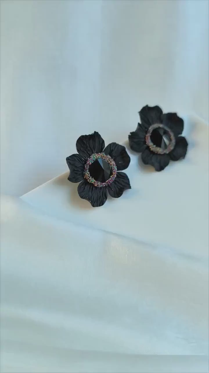 XL Black Statement Earrings; Party Earrings; Black Crystal Earrings; Porcelain Earrings; Floral Earrings; Gift for Her; Guest Earrings;